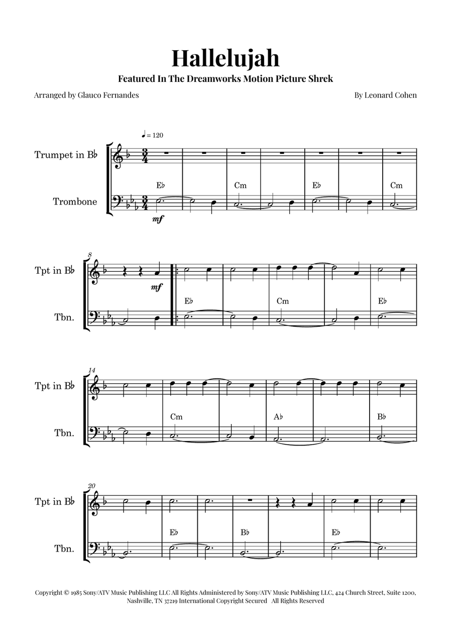 Hallelujah Brass Duet scores gallery preview page 1