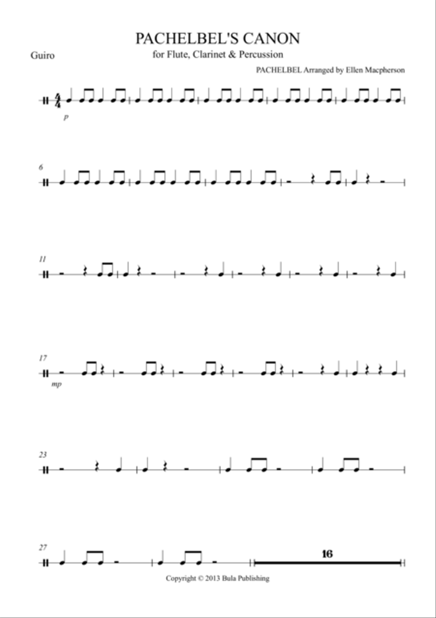 pachelbel's Cannon - for Flute, Clarinet & Percussion - PERCUSSION 2 - GUIRO part Clarinet scores gallery preview page 1