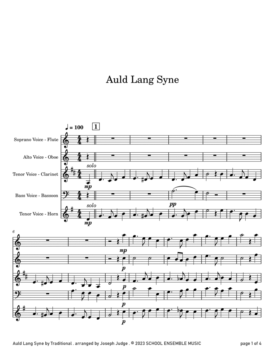 Auld Lang Syne for Woodwind Quartet in Schools Woodwind Quartet scores gallery preview page 1