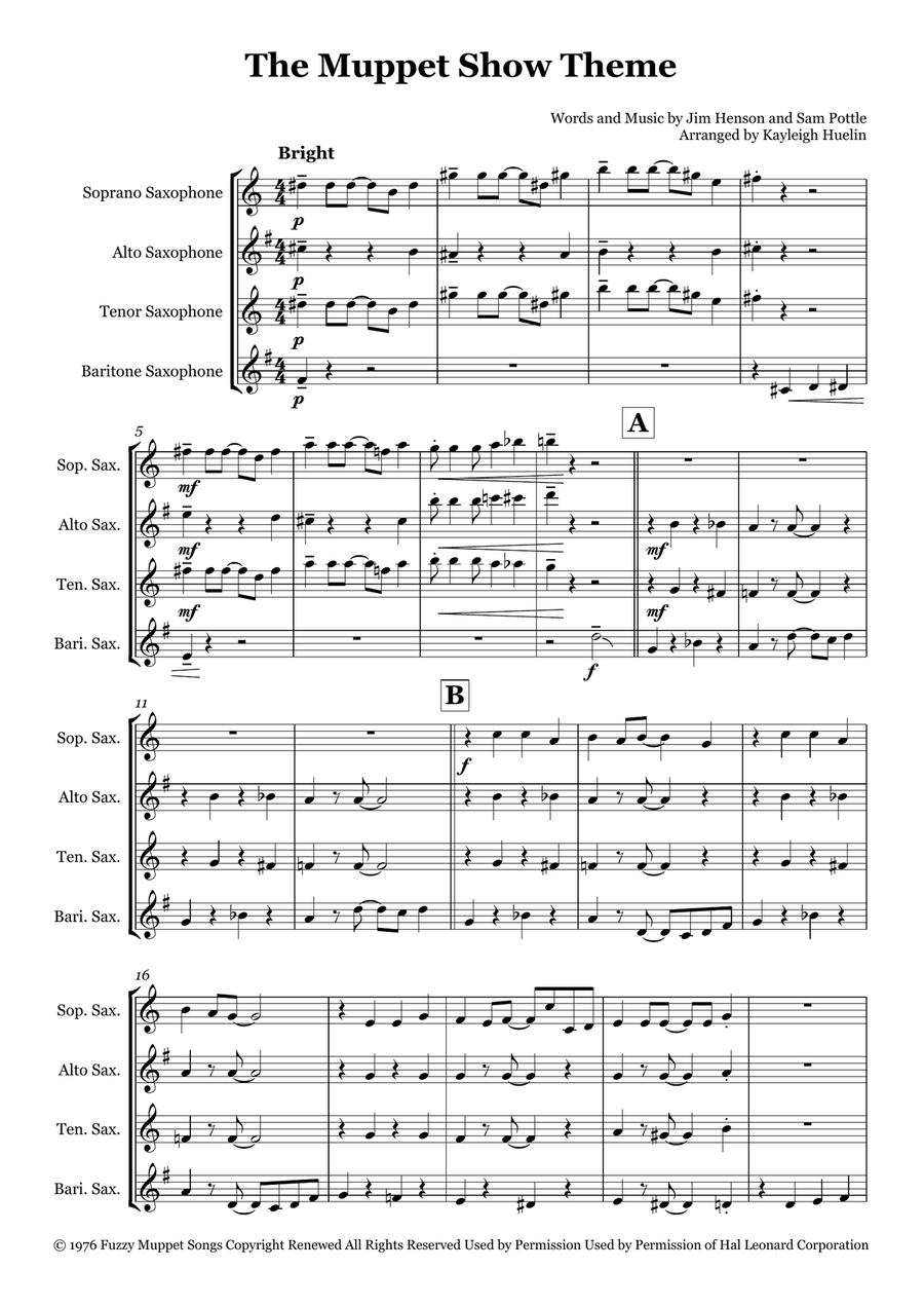 The Muppet Show Theme Saxophone Quartet scores gallery preview page 1