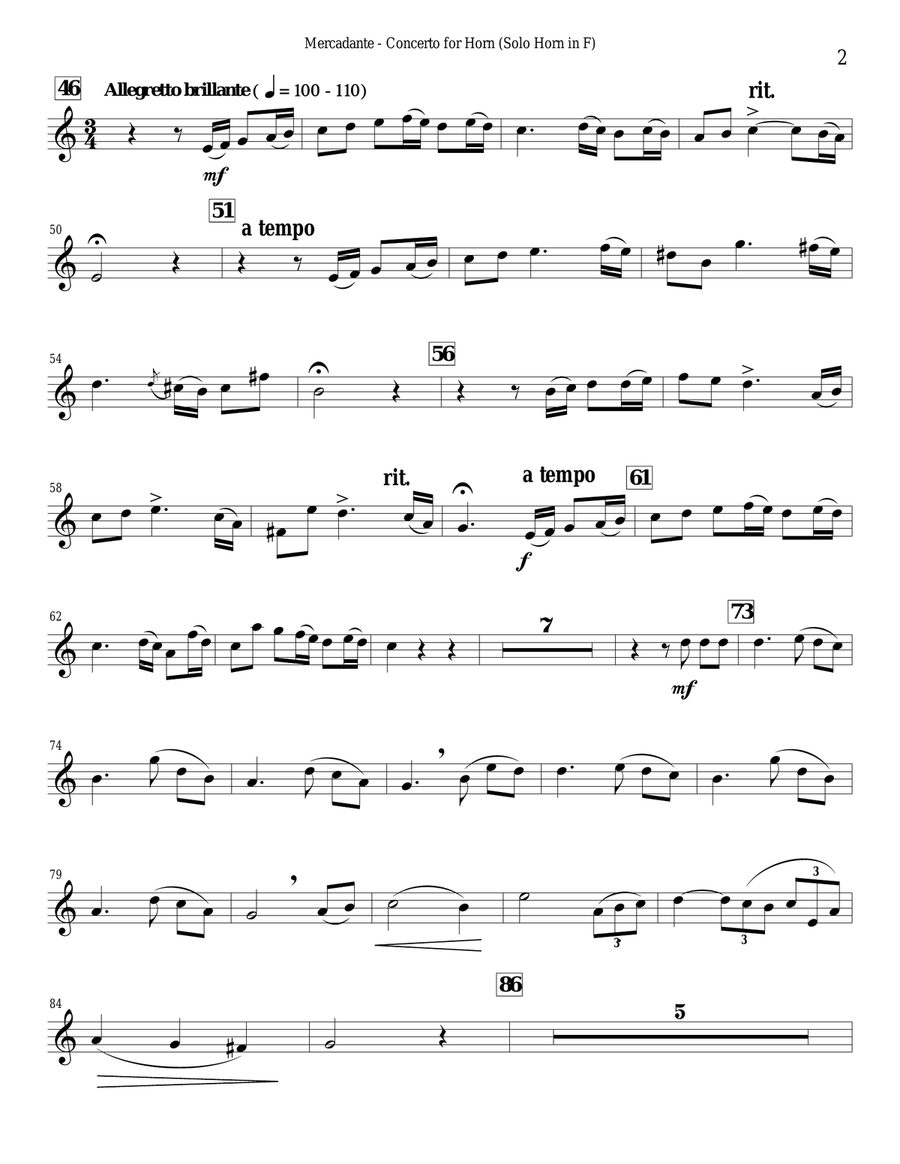 CONCERTO FOR HORN - S. R. Mercadante - solo Horn part only (full band accomp. available separately) Concert Band scores gallery preview page 3