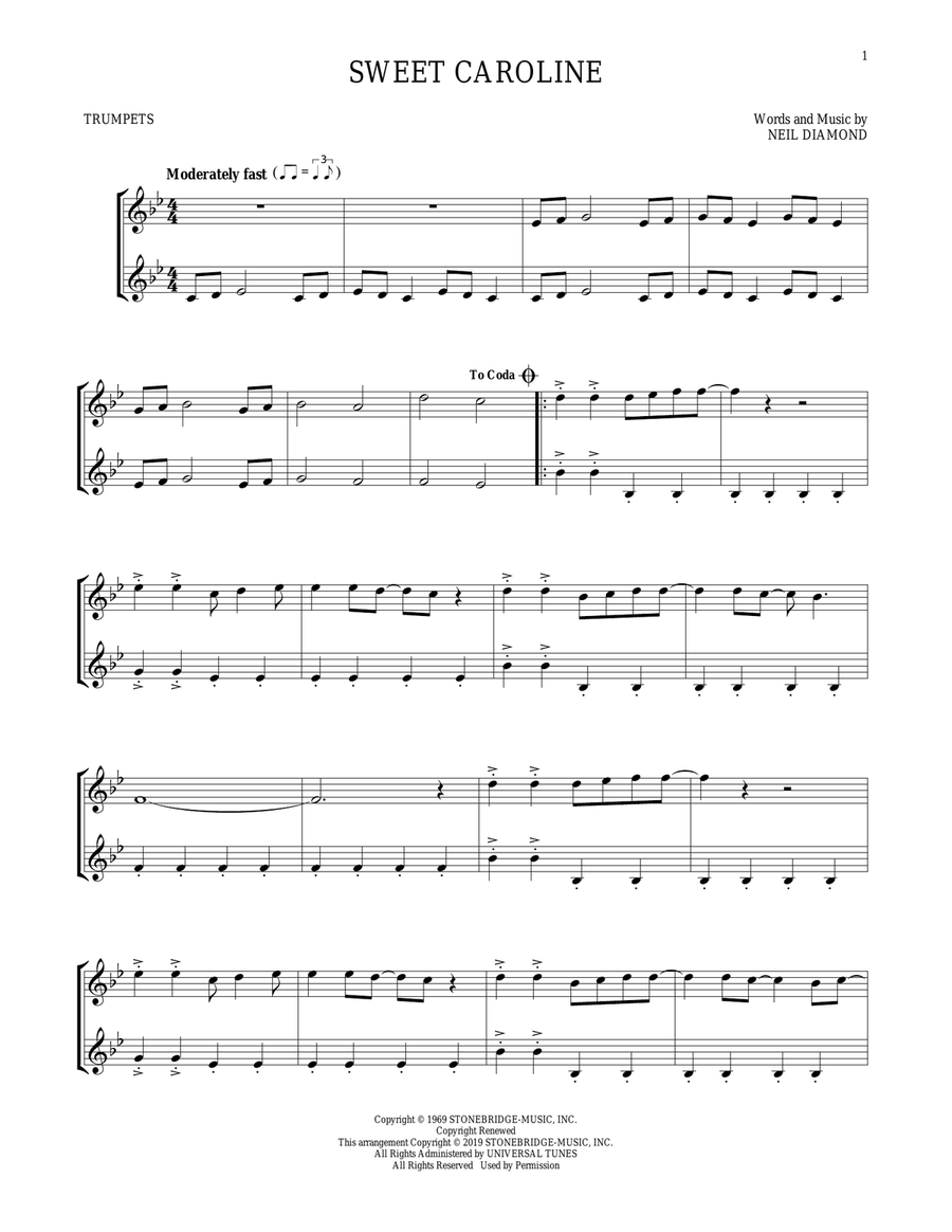 Sweet Caroline Trumpet Duet scores gallery preview page 1