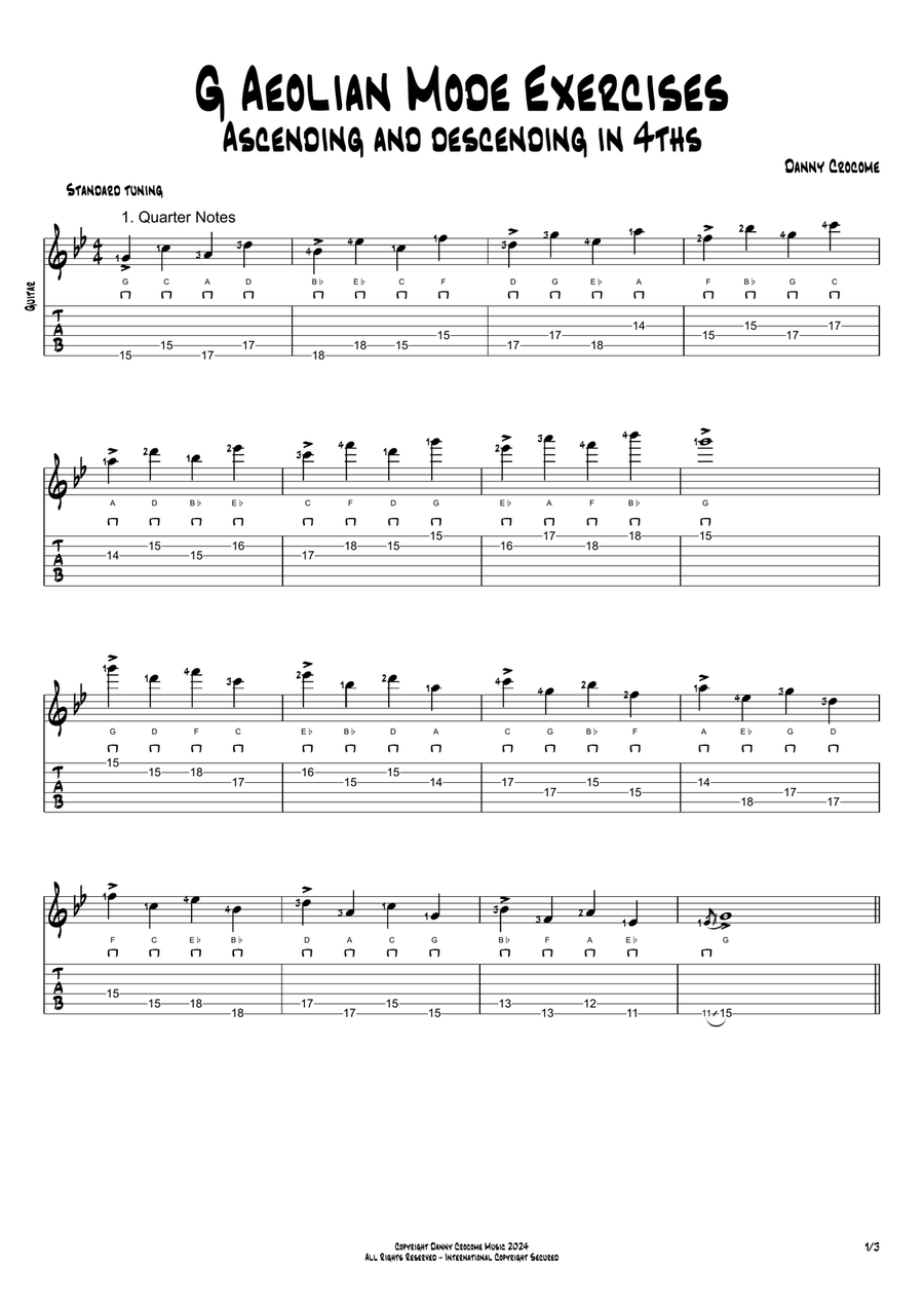 G Aeolian Mode Exercises - Ascending and Descending in 4ths Acoustic Guitar scores gallery preview page 1