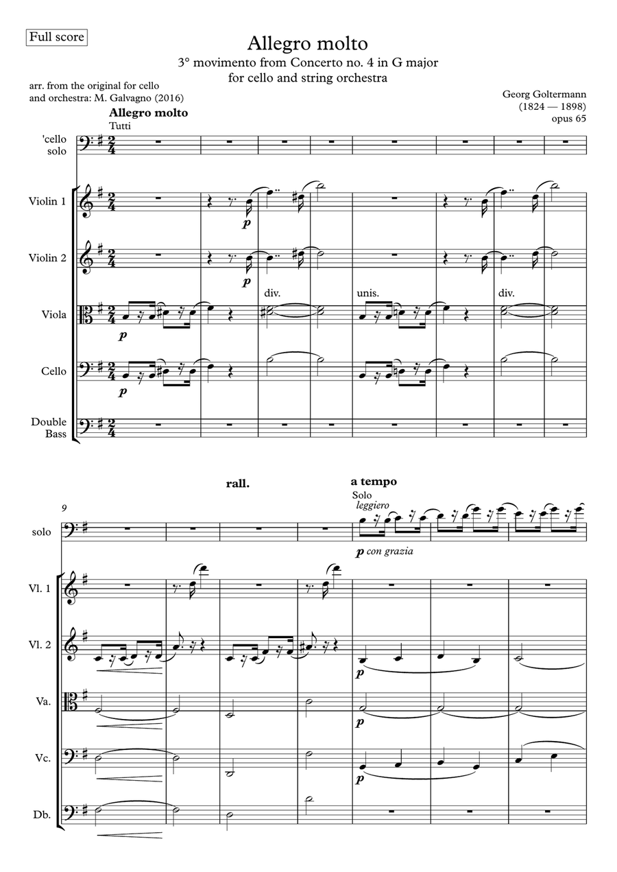 Goltermann - Cello Concerto n°4 op. 65 in G major - 3rd movement - for Cello and String orchestra String Orchestra scores gallery preview page 1
