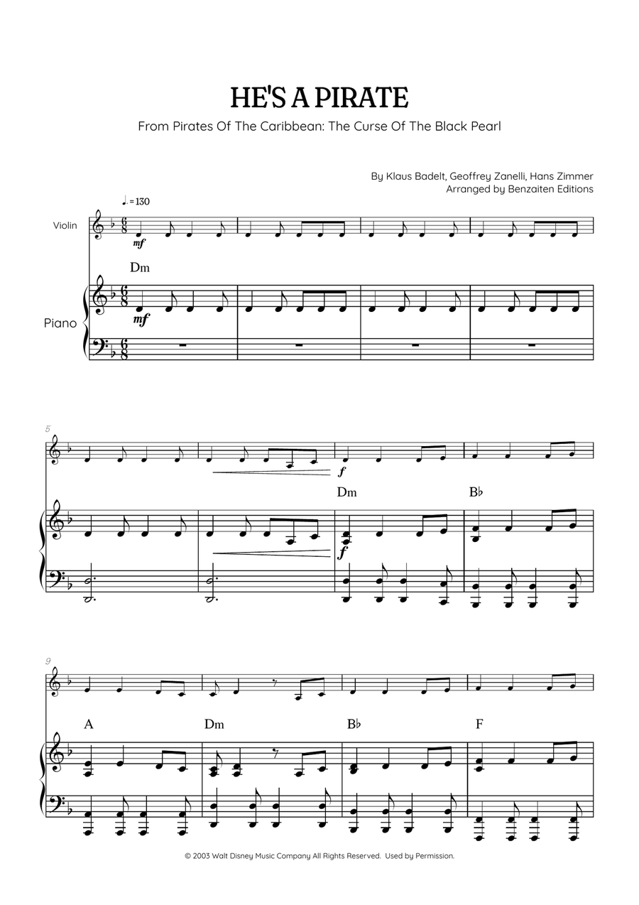 He's A Pirate Violin Solo scores gallery preview page 1