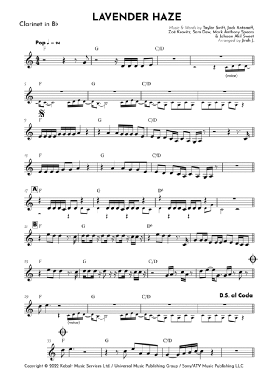 Lavender Haze B-Flat Clarinet scores gallery preview page 2