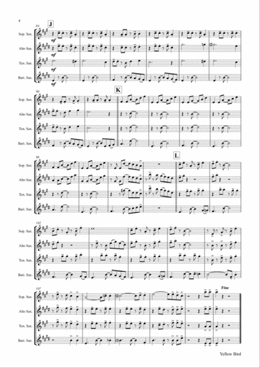 Yellow Bird - Haitian Folk Song - Calypso - Saxophone Quartet Saxophone Quartet scores gallery preview page 5