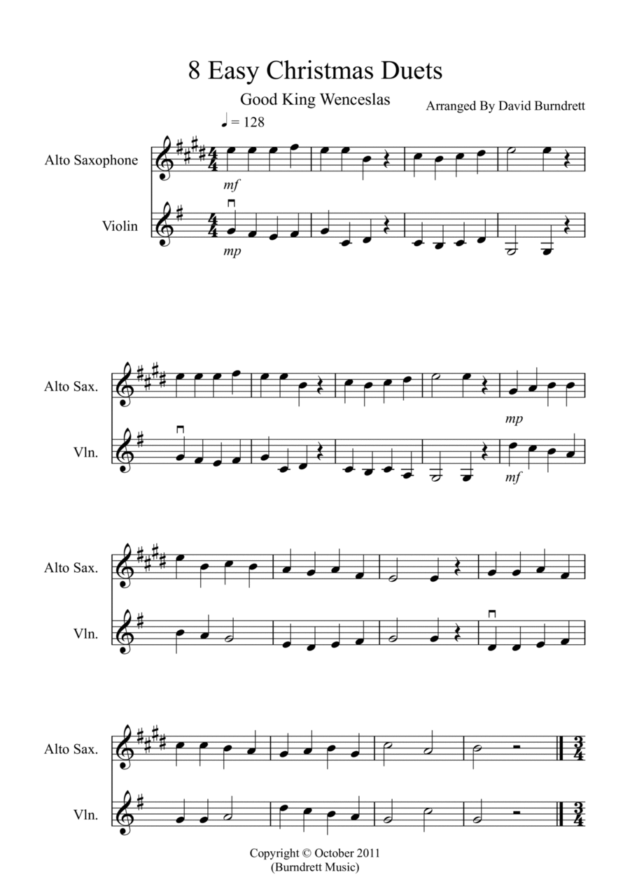 8 Easy Christmas Duets for Alto Saxophone and Violin Alto Saxophone scores gallery preview page 1
