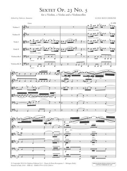 Sextet Op. 23 No. 5 in D major (G 458) for 2 Violins, 2 Violas and 2 Violoncellos