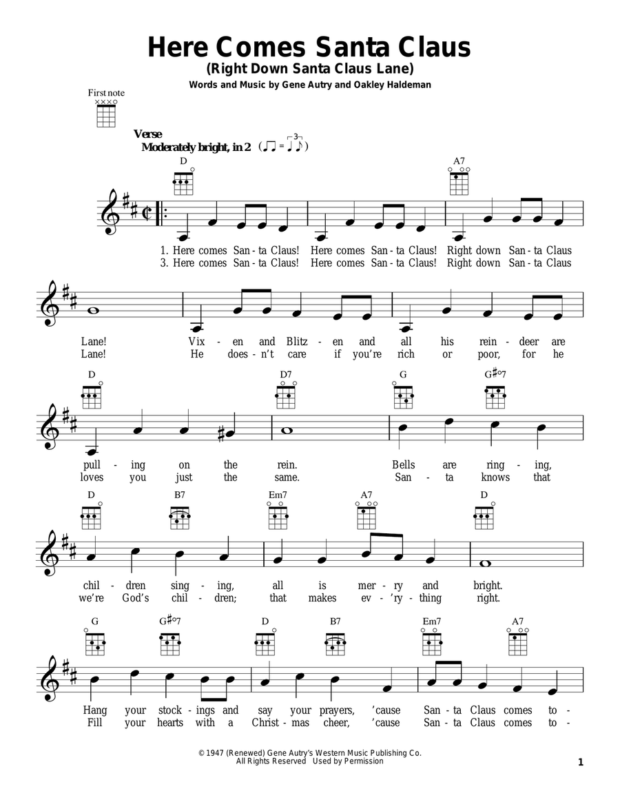 Here Comes Santa Claus (Right Down Santa Claus Lane) Ukulele scores gallery preview page 1