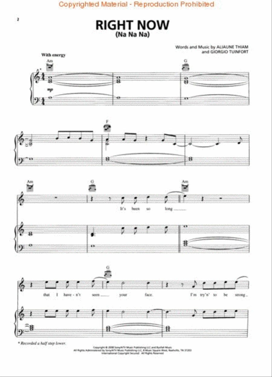 Right Now (Na Na Na) Piano, Vocal, Guitar scores gallery preview page 2