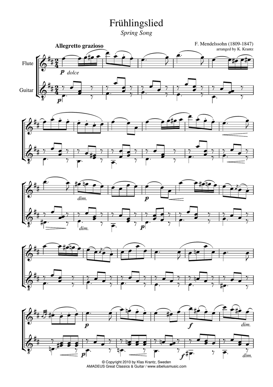 Fruhlingslied, Lieder ohne Worte Op. 62, Spring Song for flute and guitar Flute scores gallery preview page 1