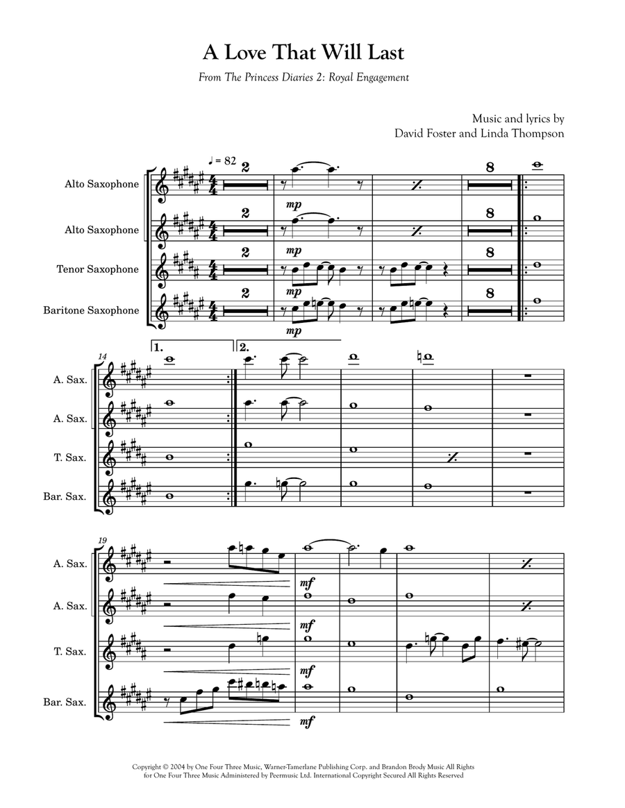 A Love That Will Last Saxophone Quartet scores gallery preview page 1
