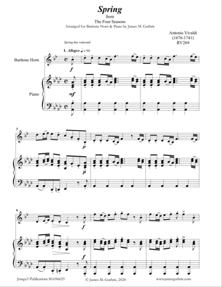 Vivaldi: The Four Seasons Complete for Baritone Horn & Piano Baritone Horn scores gallery preview page 1