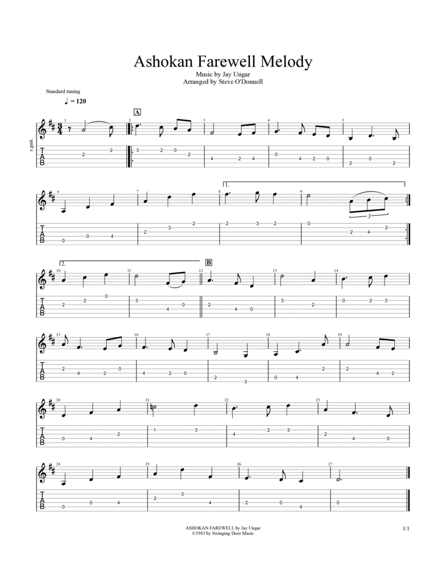 Ashokan Farewell Simple Melody Acoustic Guitar scores gallery preview page 1