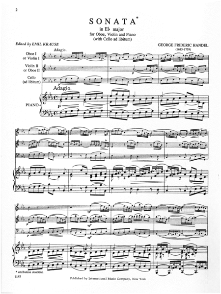 Sonata In E Flat Major For Oboe, Violin & Piano Or 2 Violins And Piano (With Cello Ad Lib.)