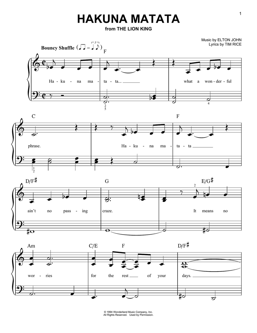 Hakuna Matata (from The Lion King) Easy Piano scores gallery preview page 1