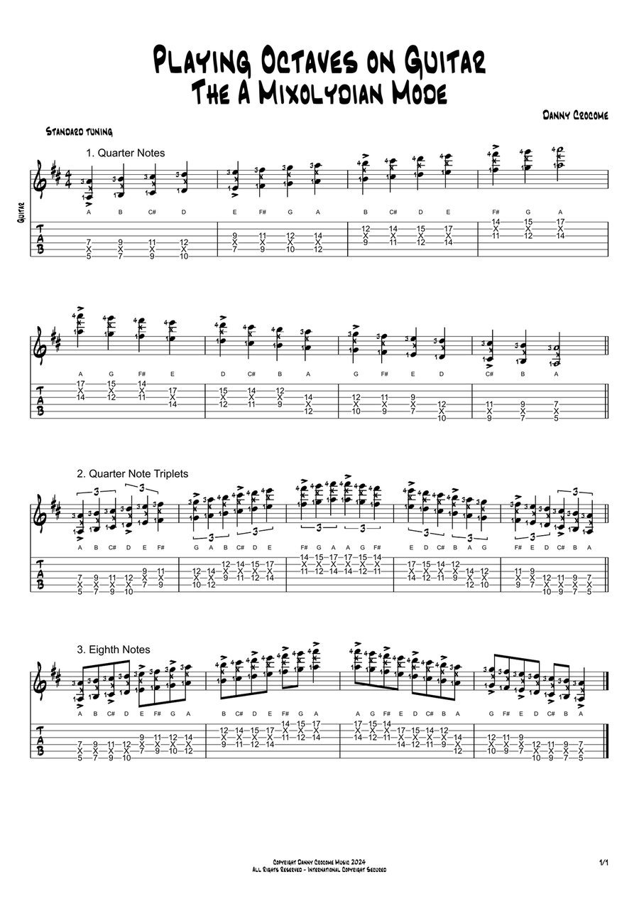 Playing Octaves on Guitar - The A Mixolydian Mode Electric Guitar scores gallery preview page 1