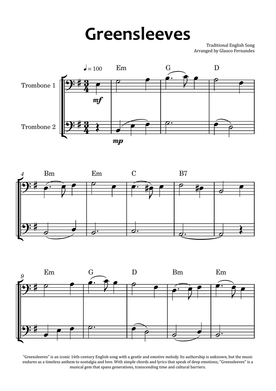 Greensleeves Trombone Duet scores gallery preview page 1