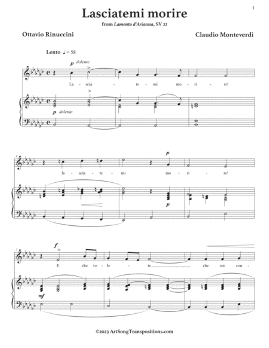 MONTEVERDI: Lasciatemi morire! (transposed to E minor, E-flat minor, and D minor) Voice scores gallery preview page 5