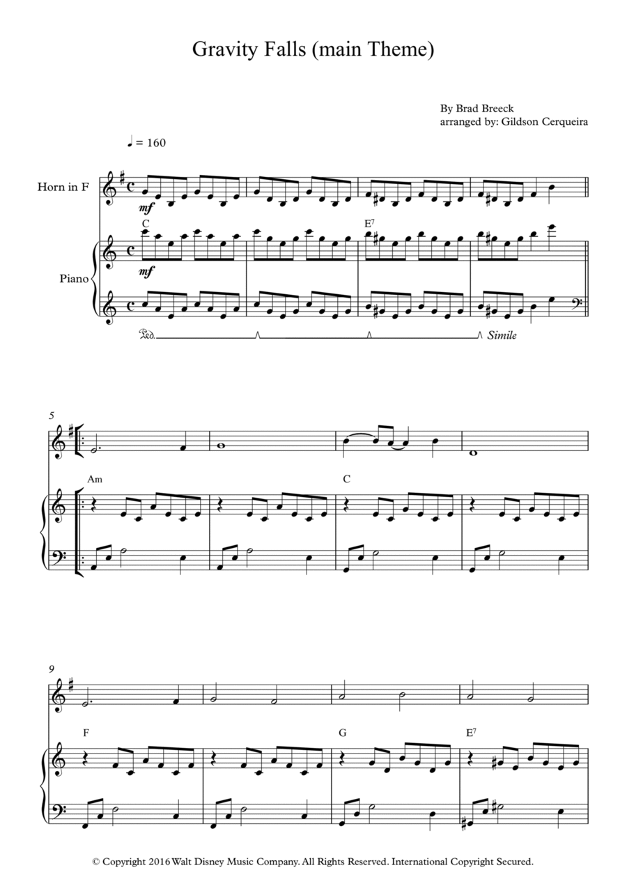 Gravity Falls (main Theme) Horn scores gallery preview page 1