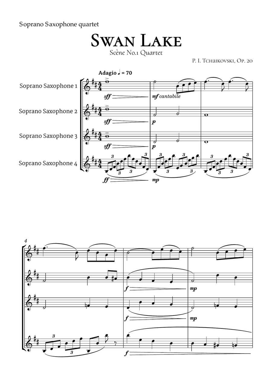 Swan Lake Tchaikovsky Soprano Saxophone Quartet Soprano Saxophone scores gallery preview page 2