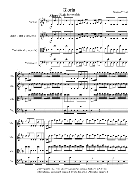 GLORIA IN EXCELSIS, Vivaldi String Trio, Intermediate Level for 2 violins and cello or violin, viola image number null