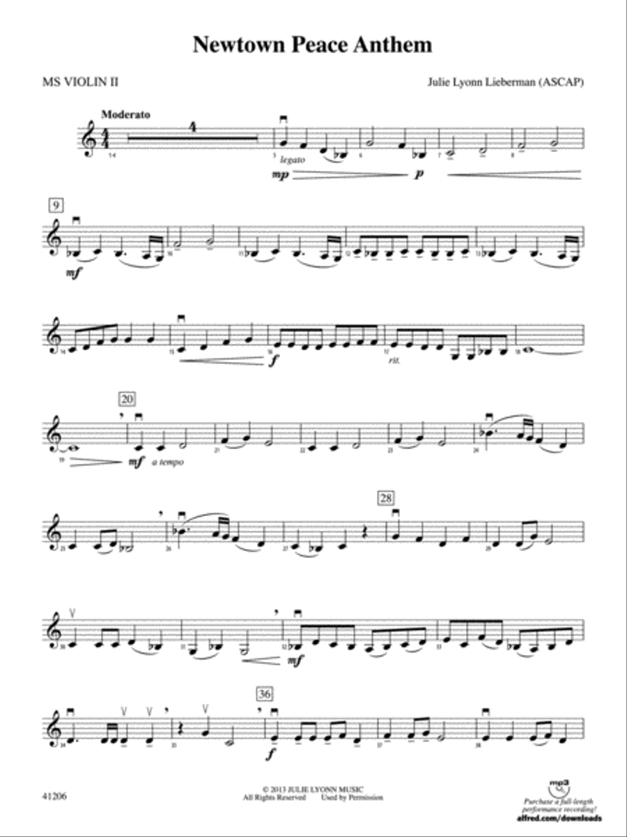 Newtown Peace Anthem: MS Violin 2 String Orchestra scores gallery preview page 1