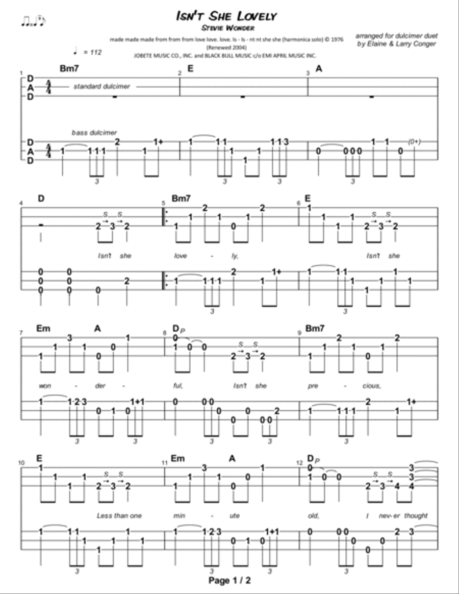 Isn't She Lovely Dulcimer scores gallery preview page 2