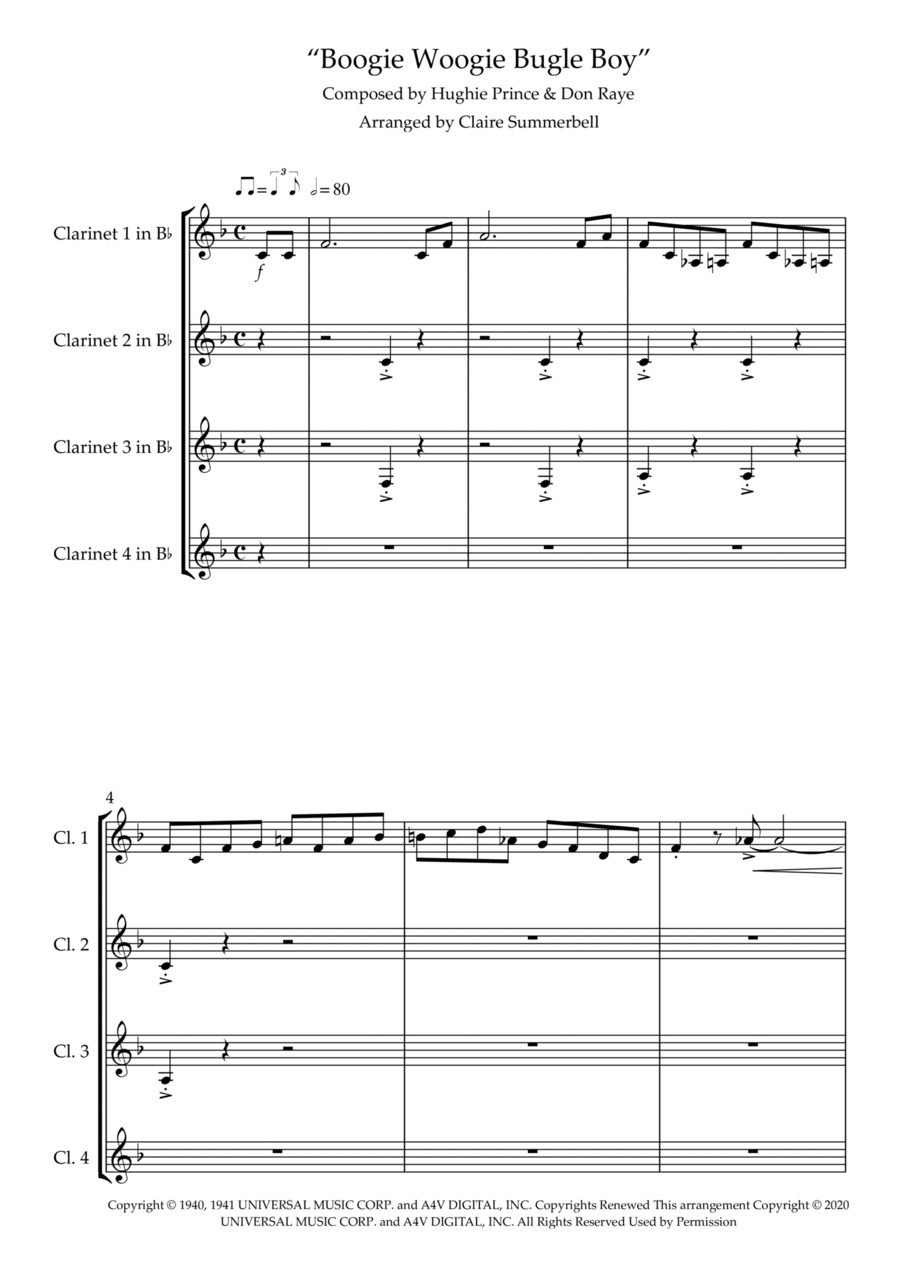 Boogie Woogie Bugle Boy Woodwind Quartet scores gallery preview page 1