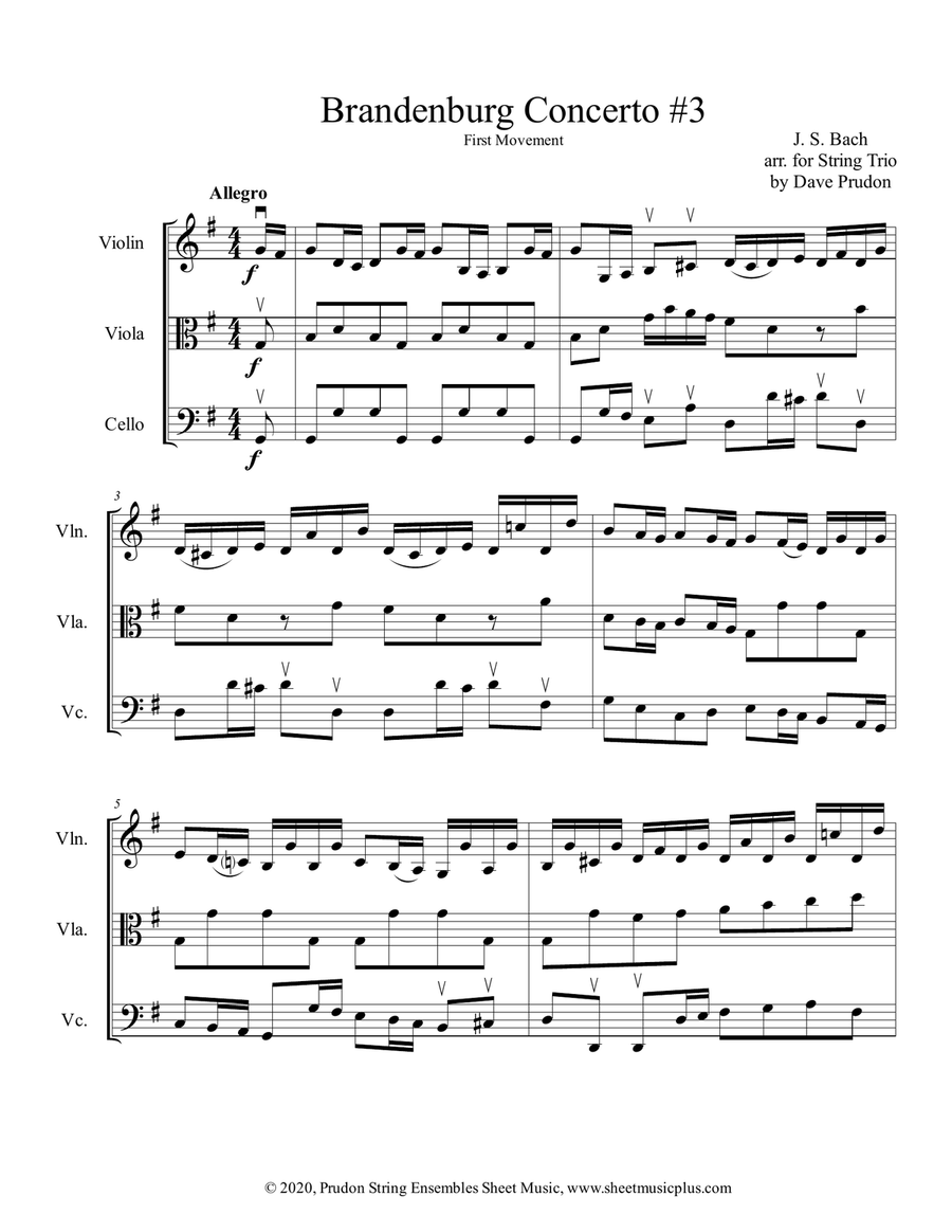 Brandenburg Concerto #3, 1st Mvt. for String Trio String Trio scores gallery preview page 1
