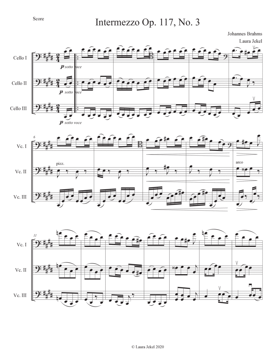 Brahms Intermezzo Op. 117, No. 3 arranged for Cello Trio String Trio scores gallery preview page 1