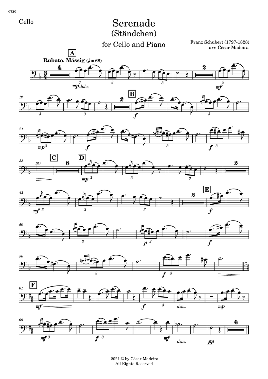 Serenade (D.975) by Schubert - Cello and Piano (Individual Parts)