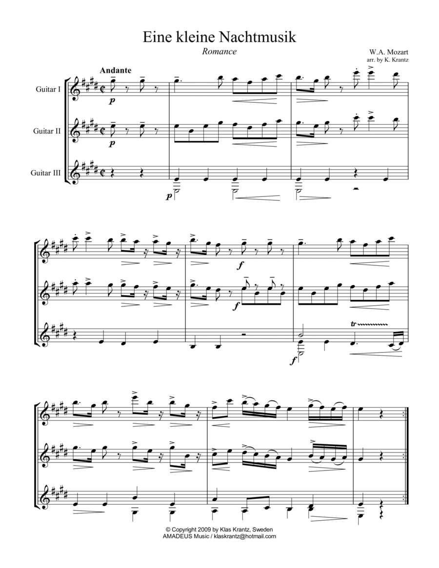 Romance from Eine kleine Nachtmusik for guitar trio Guitar Ensemble scores gallery preview page 1