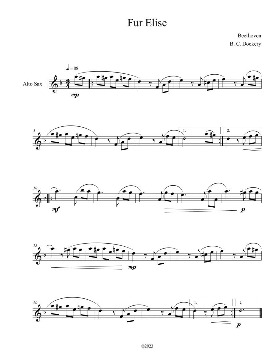 Fur Elise (Alto Sax Solo) Alto Saxophone scores gallery preview page 1
