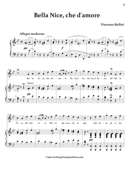 BELLINI: Bella Nice, che d'amore (in 8 keys: G, F-sharp, F, E, E-flat, D, C-sharp, C minor)
