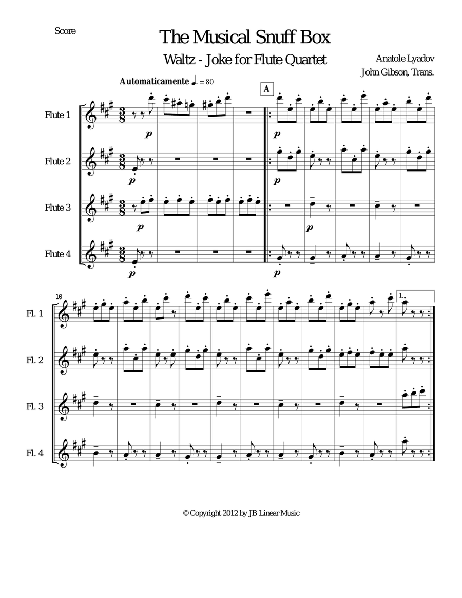 Musical Snuff Box by Lyadov for flute quartet Flute Quartet scores gallery preview page 1