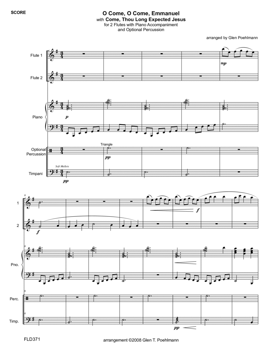 O COME, O COME EMMANUEL/COME THOU LONG-EXPECTED JESUS - FLUTE DUET with Piano & optional Percussion Flute Duet scores gallery preview page 1
