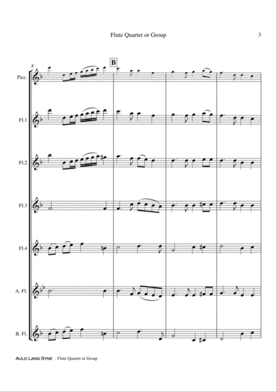 Auld Lang Syne - Flute Quartet or Group Score and Parts PDF Flute Quartet scores gallery preview page 4