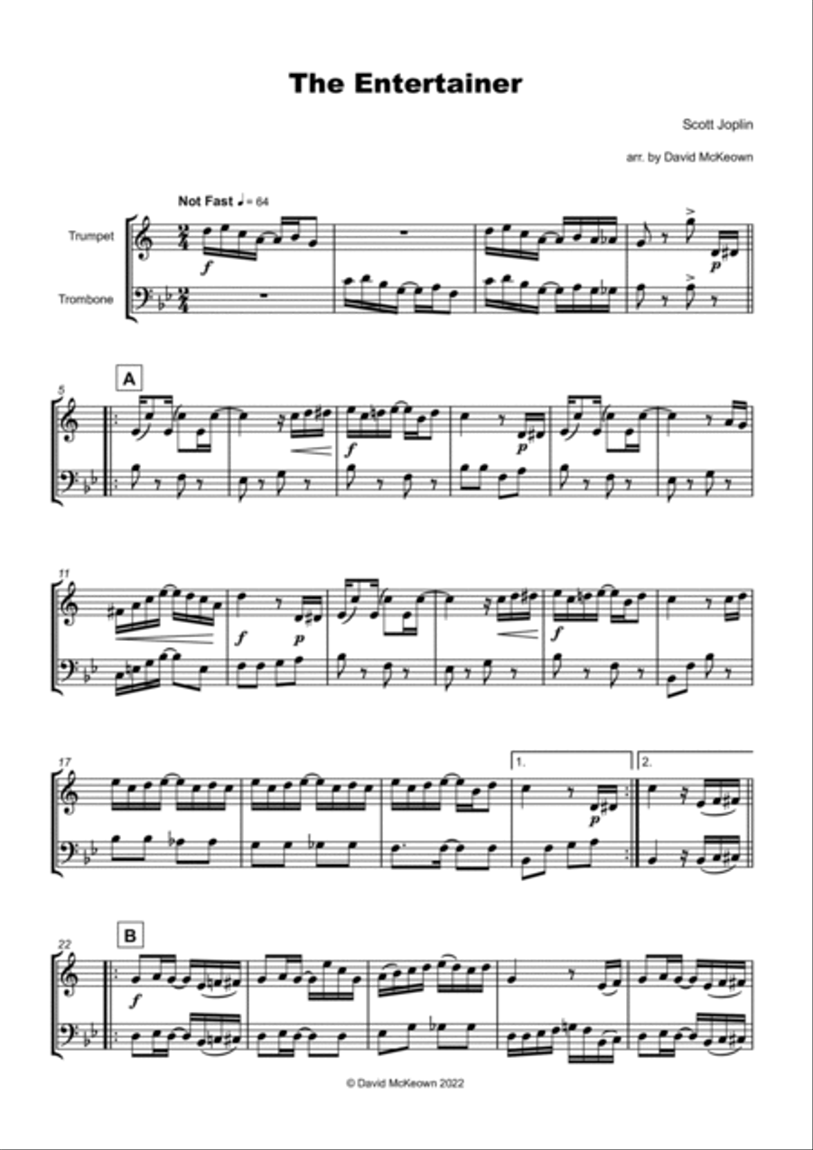 The Entertainer by Scott Joplin, Trumpet and Trombone Duet Brass Duet scores gallery preview page 2