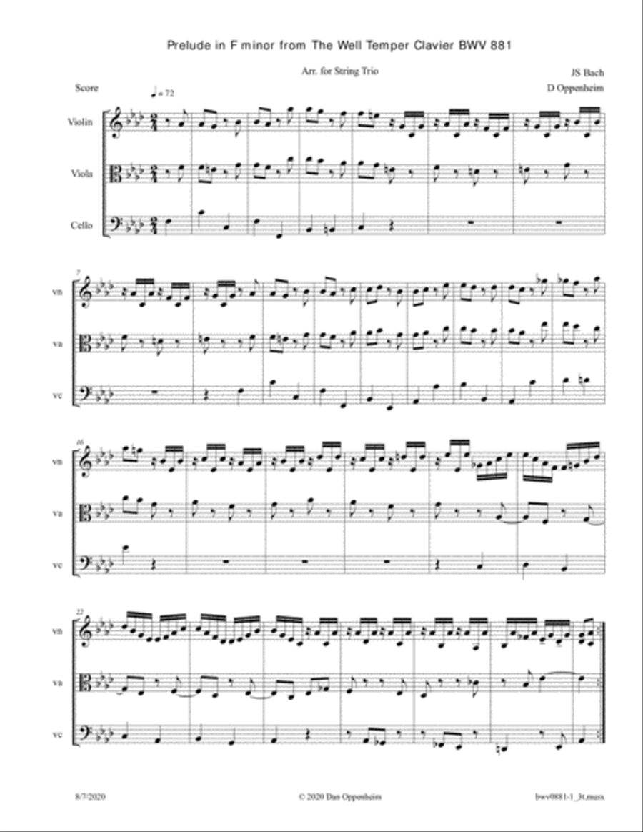 Bach: Prelude in F Minor from The Well Tempered Clavier (BWV 881) arr. for String trio String Trio scores gallery preview page 1