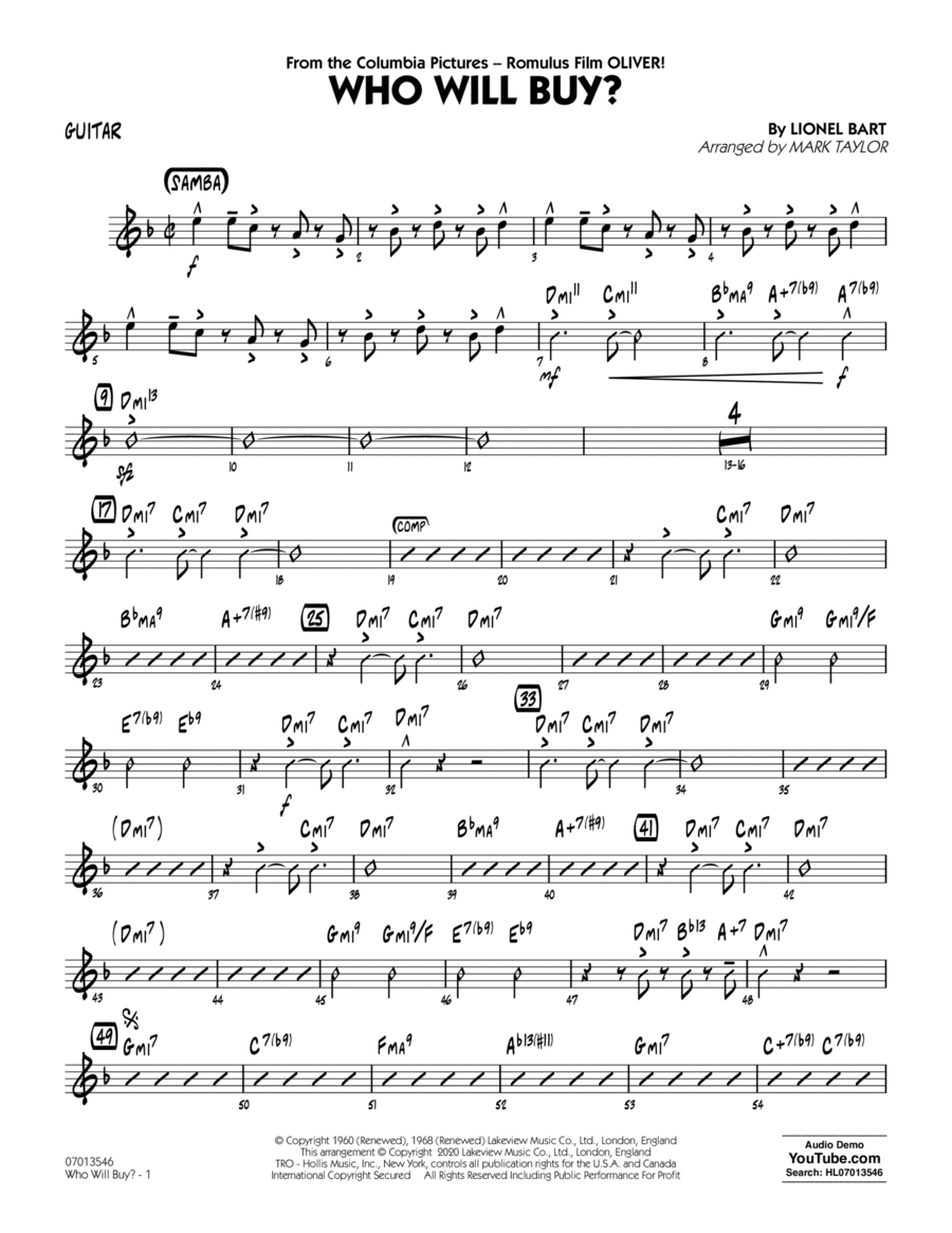 Who Will Buy? (from Oliver) (arr. Mark Taylor) - Guitar Jazz Ensemble scores gallery preview page 1
