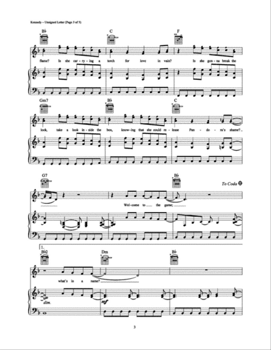 Unsigned Letter Unsigned Letter Piano, Vocal, Guitar scores gallery preview page 3
