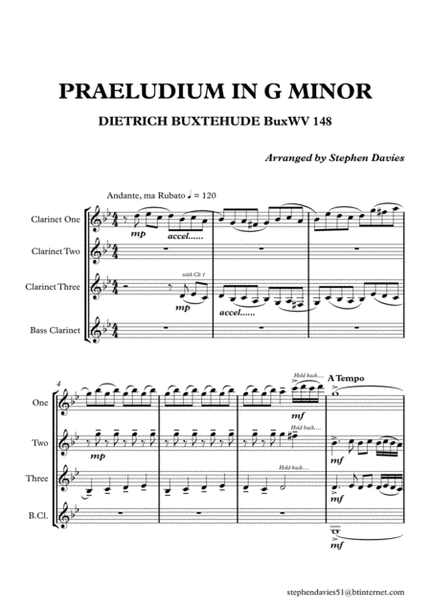 Praeludium & Fugue in G Minor by Dietrich Buxtehude (Buxwv148) for Clarinet Quartet. image number null