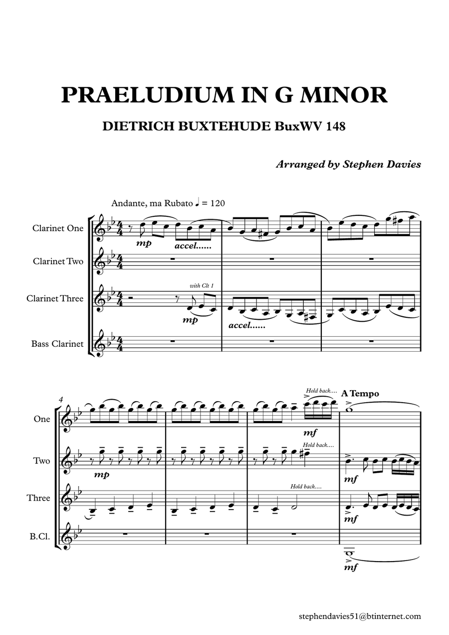 Praeludium & Fugue in G Minor by Dietrich Buxtehude (Buxwv148) for Clarinet Quartet. Clarinet Quartet scores gallery preview page 1