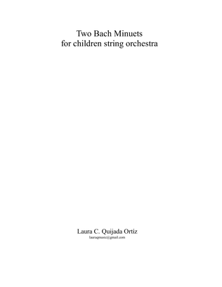 Book cover for Two Bach Minuets, for children string orchestra. SCORE & PARTS.