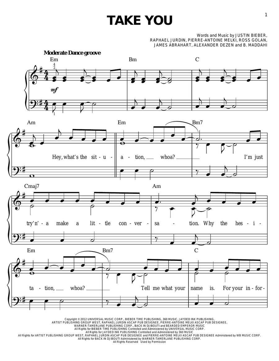 Take You Take You Easy Piano scores gallery preview page 1