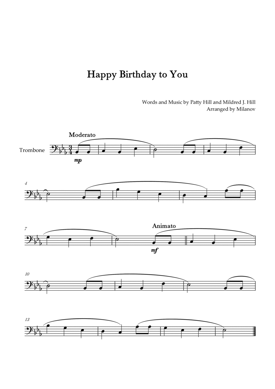 Happy Birthday to You | Trombone | E-flat Major Trombone Solo scores gallery preview page 1