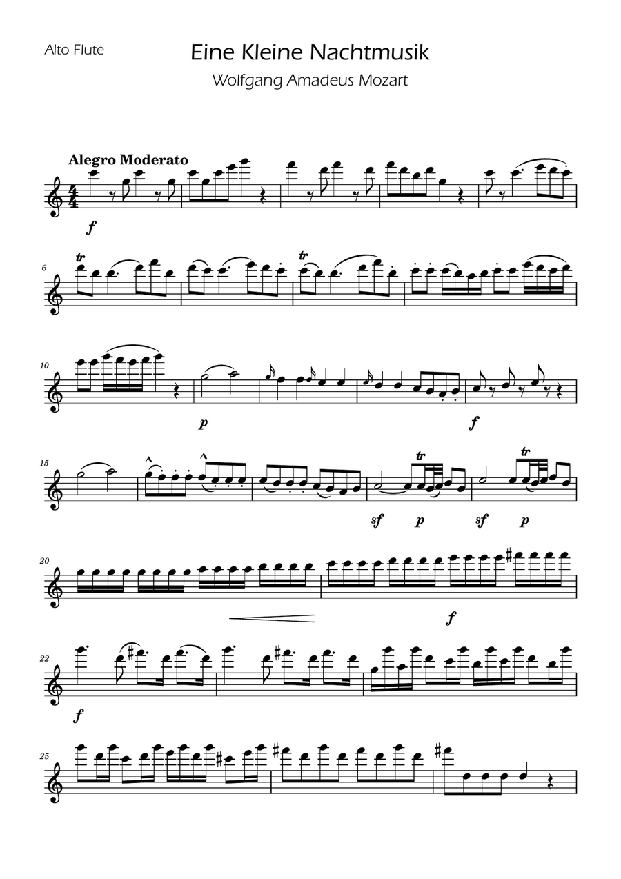 Mozart: Eine Kleine Nachtmusik (K.525) - Alto Flute Solo w/ Piano Flute Solo scores gallery preview page 1