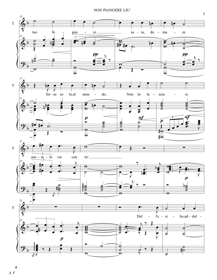 NON PIANGERE LIU' - G. Puccini - For tenor and Piano Tenor Voice scores gallery preview page 3